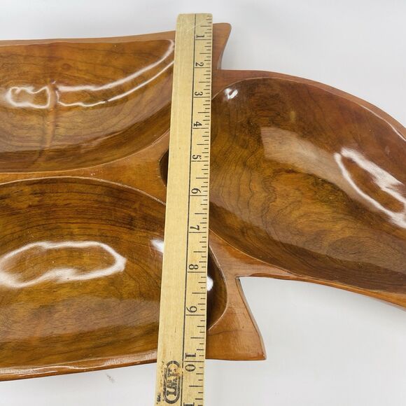 LARGE WOODEN VTG LEAF SHAPE Serving Candy Bowl Tray 3 Sections 18" X 10" MCM - Picture 3 of 14